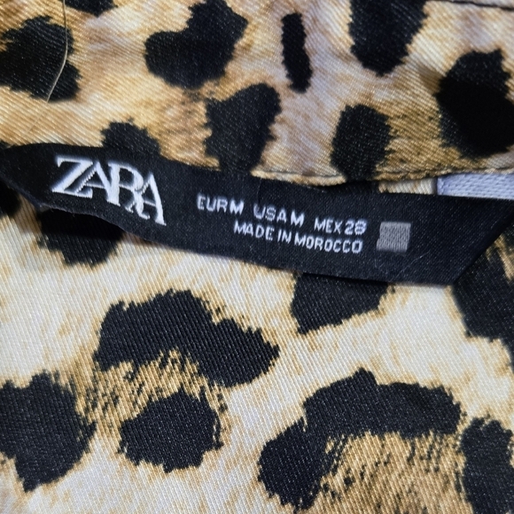Zara Leopard Print Tan Button-Up Shirt Large Chest Pocket Longline Chic - Picture 8 of 9